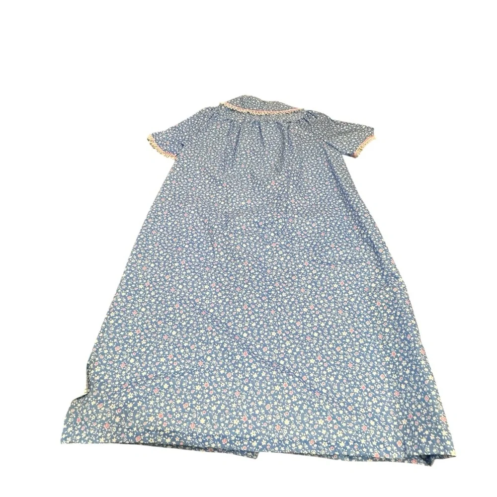 Vintage Coffee Time nightgown House Dress Blue Floral‎ Lace Pockets Medium